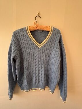Brandy Melville/John Galt Blue Cable Knit V-Neck Sweater Hamptons Preppy SZ OS